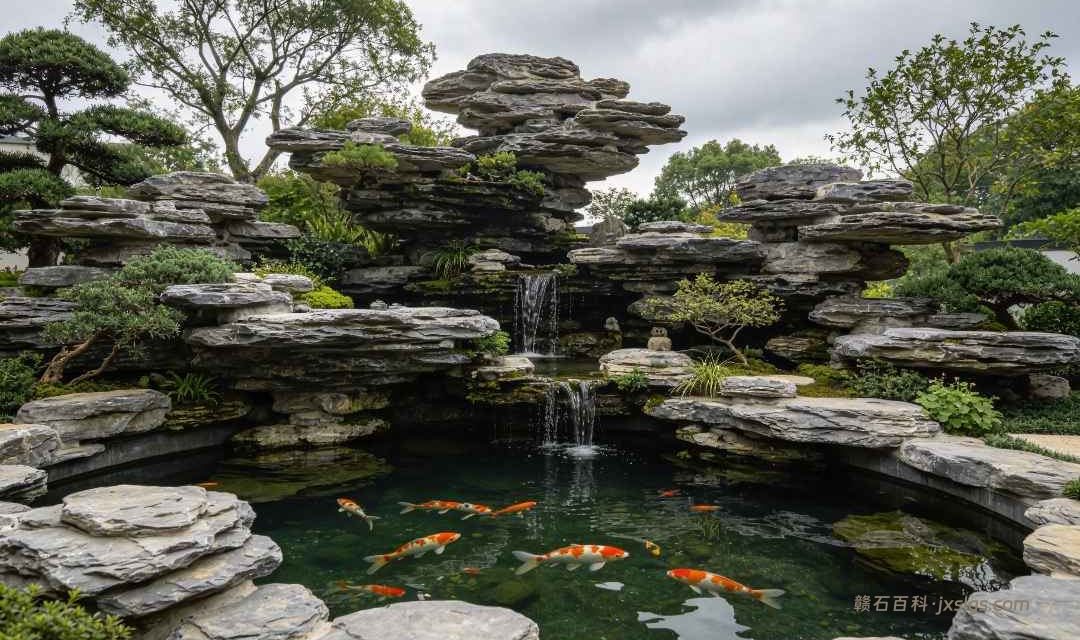 鱼池边的石头怎么选？黄蜡石百搭、千层石稳固、太湖石有意境