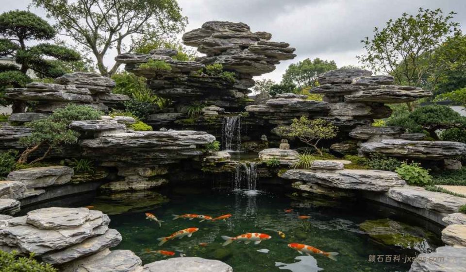 鱼池边的石头怎么选？黄蜡石百搭、千层石稳固、太湖石有意境